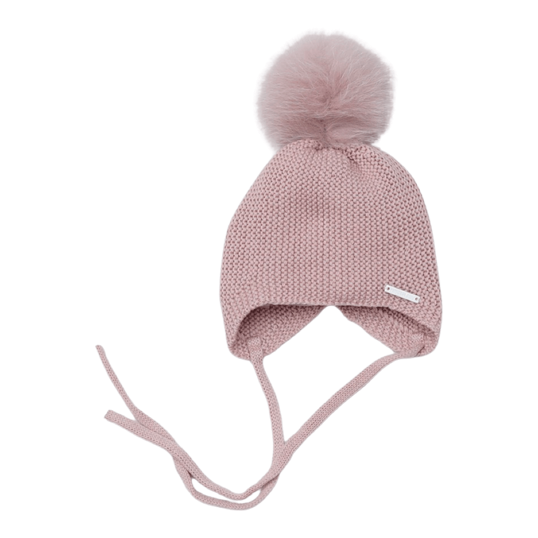 Pangasa - Luxurious Knit Hat with Fur Pompom and Tie (rosa empolvado)