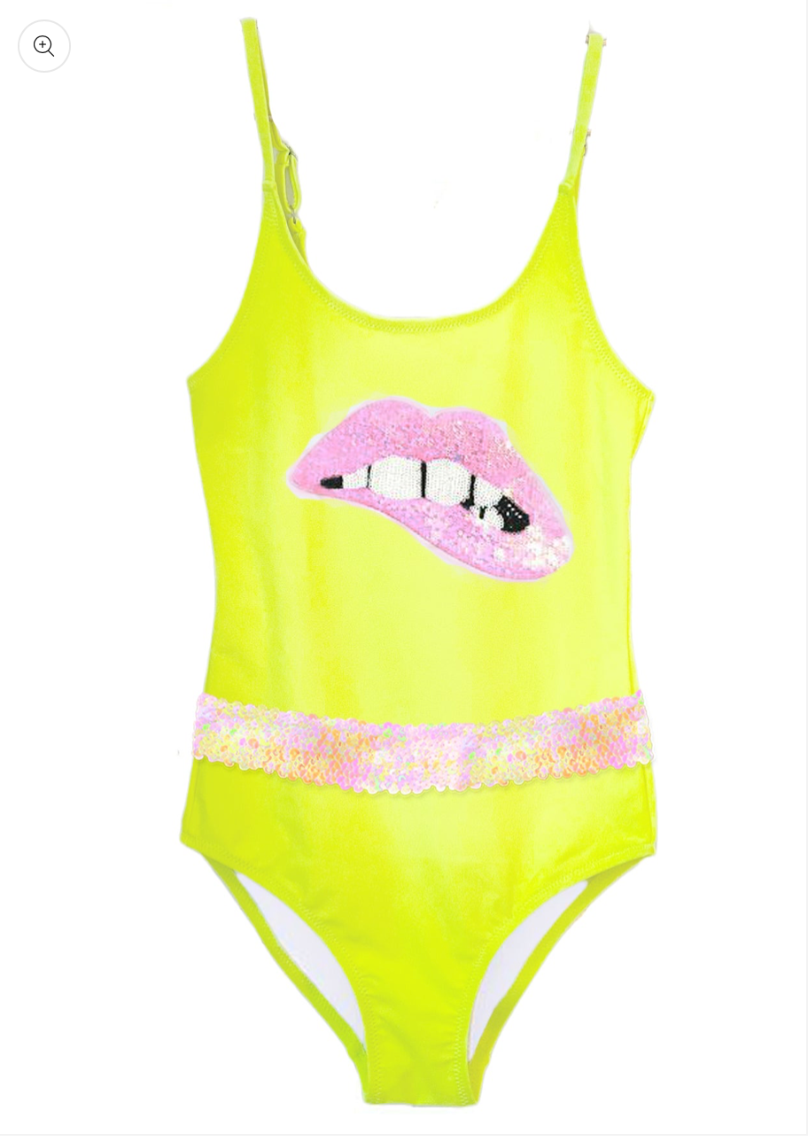 Neon Yellow Swimsuit with Sequin Belt & Lip