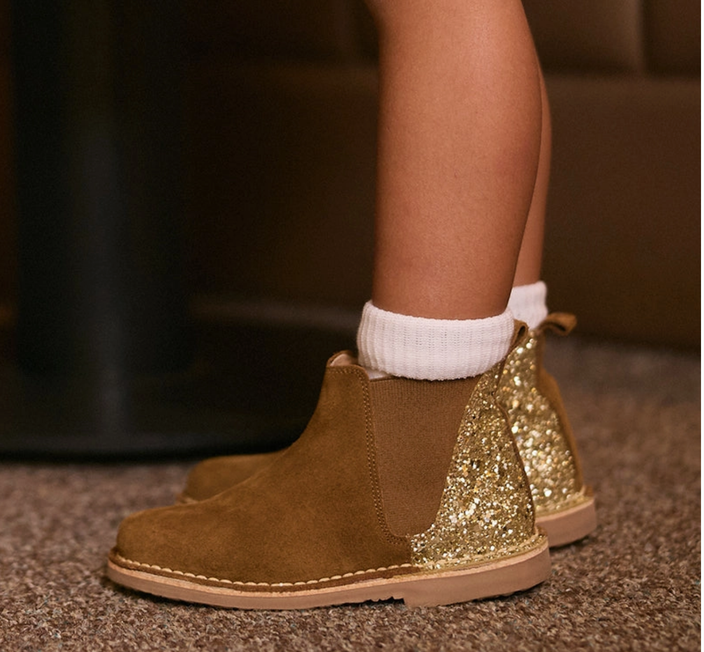 Glitter and Suede Chelsea Boots in Camel